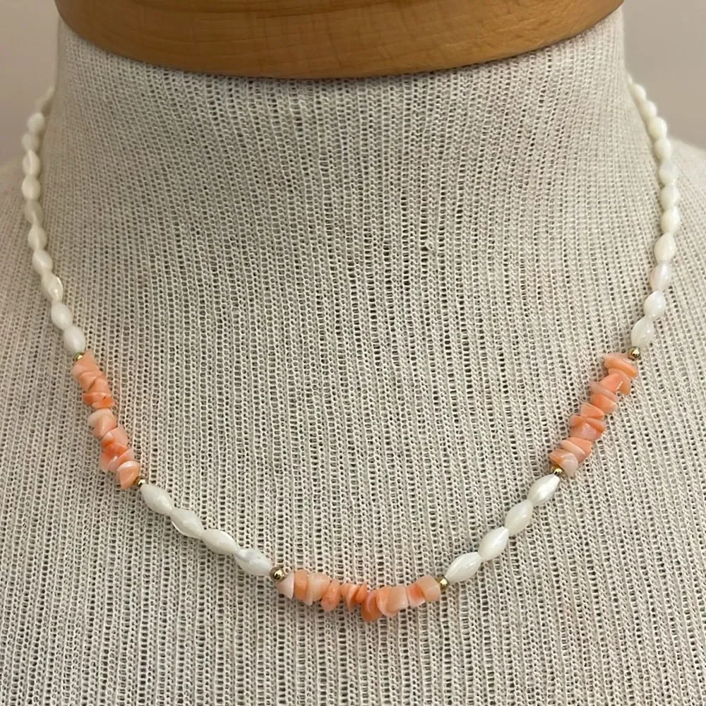 Vintage Lucoral Single Strand Coral & Mother of Pearl Necklace Rice Beads